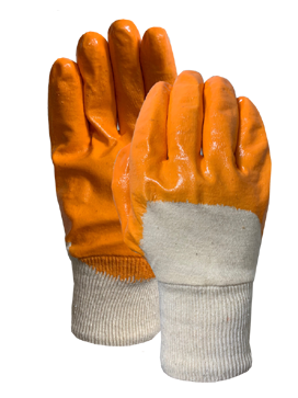 Interlock knit wrist with orange nitrile half dip coating