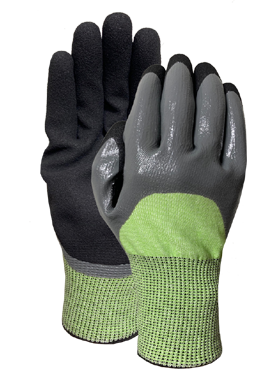 CUT3 yellow green speckled liner with black nitrile sandy finish (reinforcement patch) glove