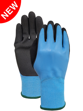 Sky blue polyester liner with latex full coated and latex sandy palm glove