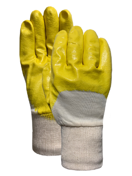 Interlock knit wrist with yellow nitril half dip coating