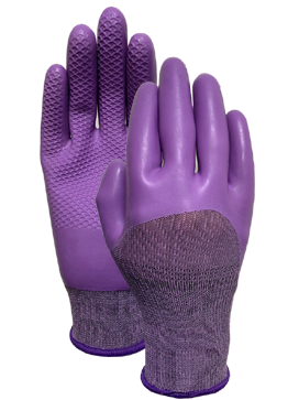 Purple polyester spandex liner with Purple latex diamond half coating glove
