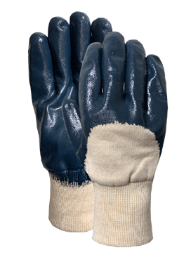 Interlock knit wrist with blue nitrile half dip coating