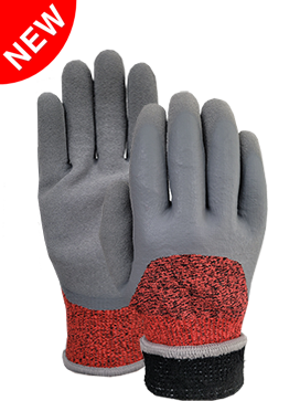 CUT D black speckled liner with latex foam 3/4 coated and latex sandy thumb coated glove