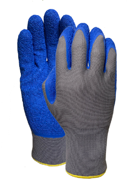 Gray nylon liner with blue latex crinkled finish palm coating