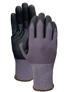 Gray nylon spandex liner with black nitrile foam(reinforcement patch) glove