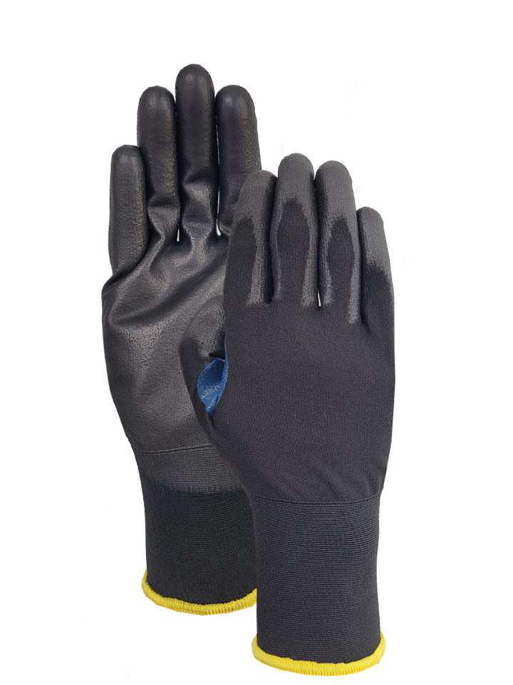 18G nylon/spandex with black PU palm coating with blue nitrile reinforcement (Touch screen)