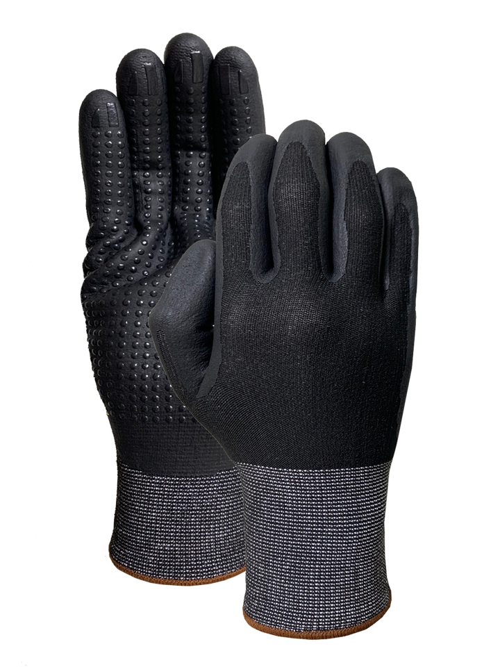 Black nylon (U2 knitting) liner with black nitrile foam coating and nitrile dot
