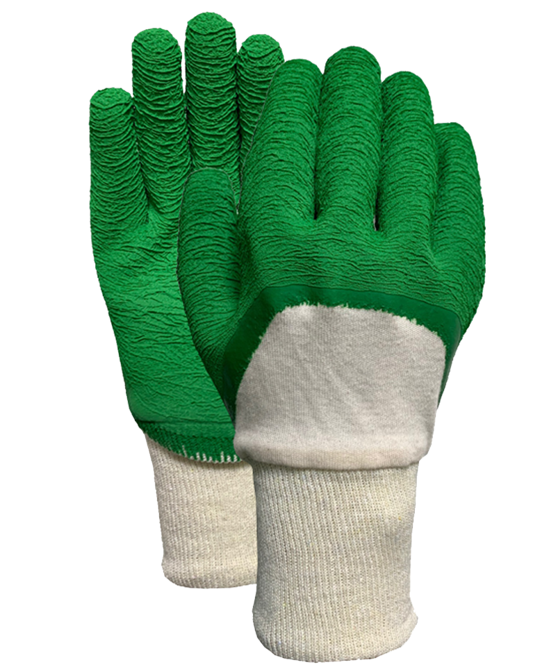 Interlock W/T knit wrist green latex crinckled finish half coating(3/4)