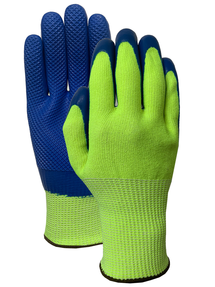 CUT 5 hiviz green with blue latex Glove