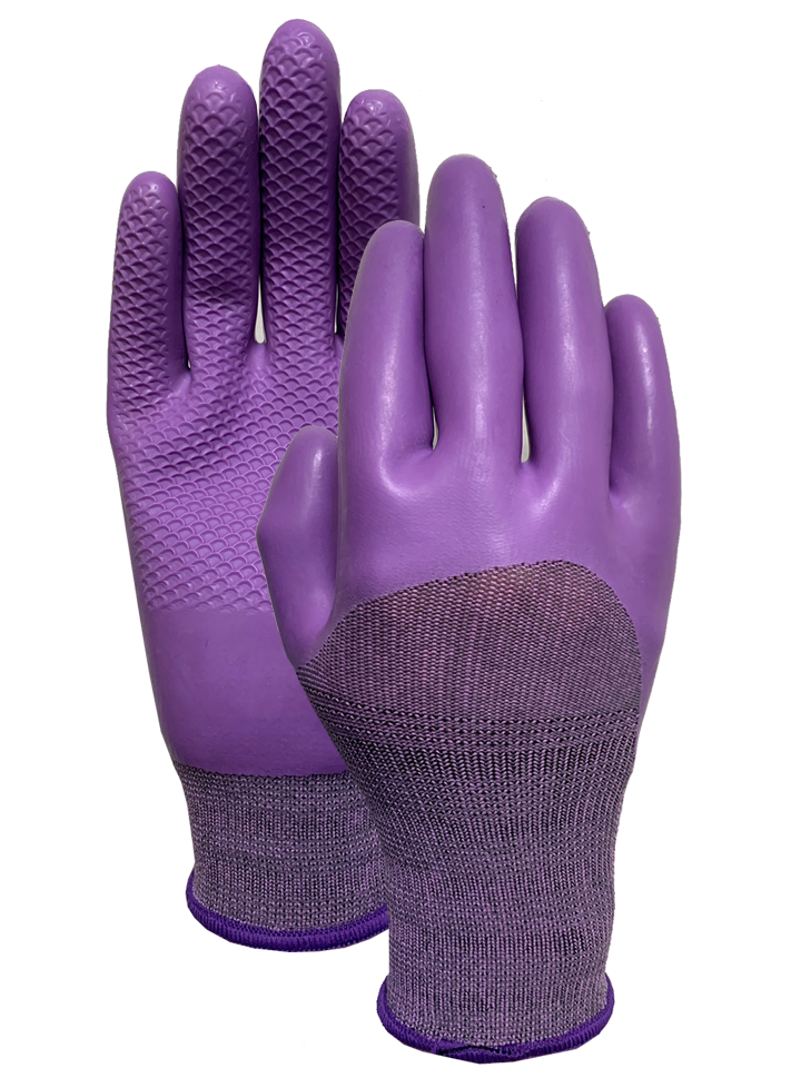Purple polyester spandex liner with Purple latex diamond half coating glove