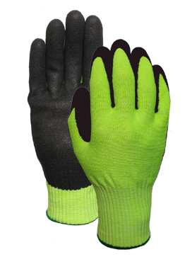 CUT 5 Hiviz Green double knitting with Nitrile sandy finish glove