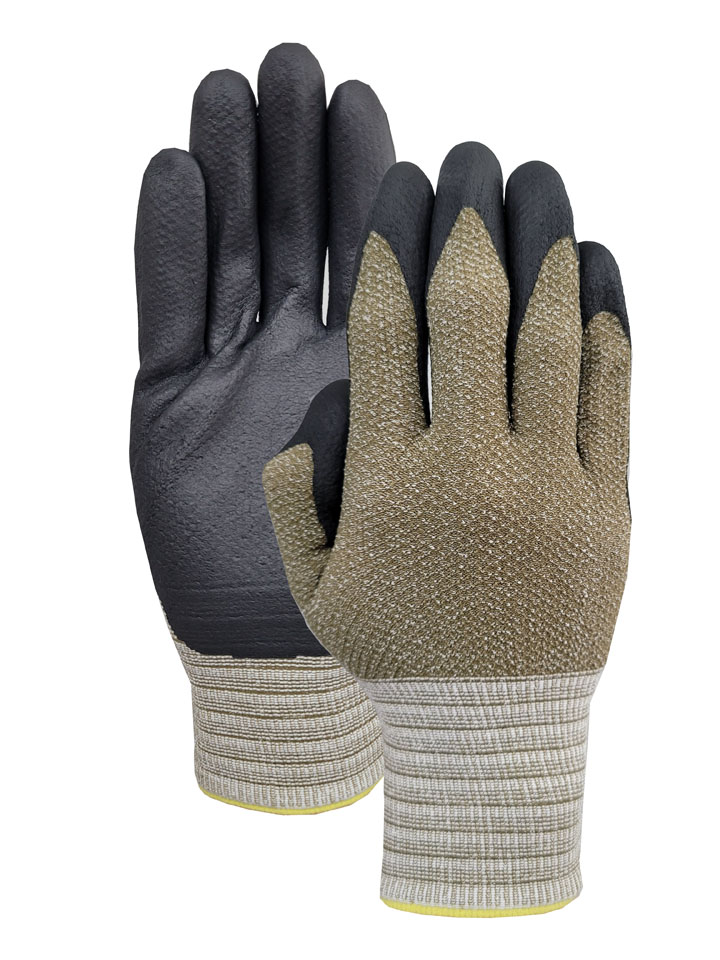 21G brown nylon/spandex liner with black nitrile foam palm coating glove