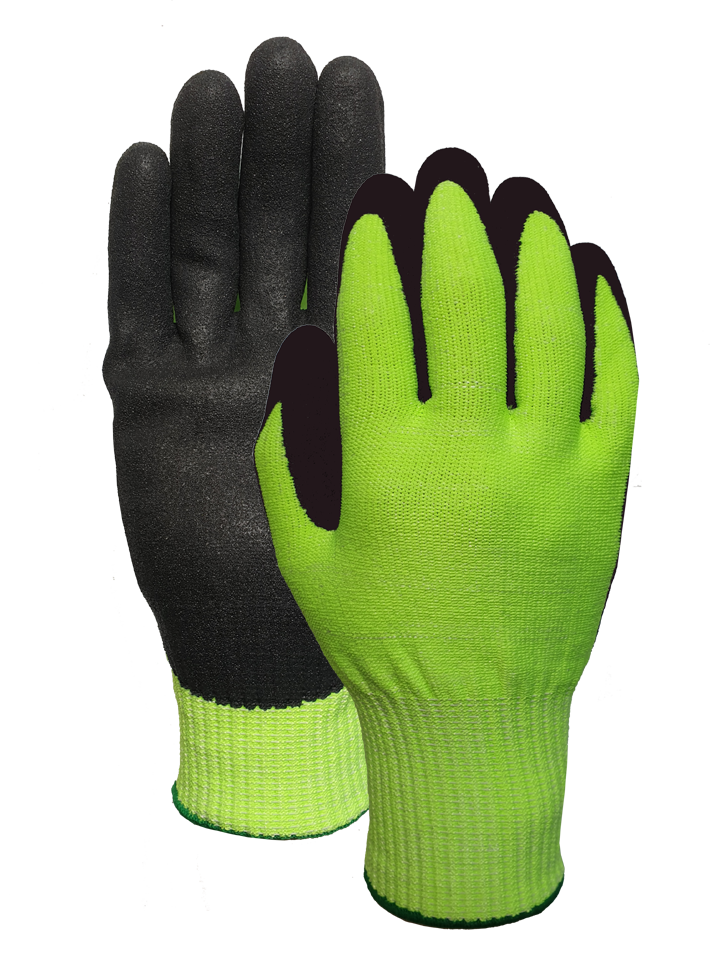 CUT 5 Hiviz Green double knitting with Nitrile sandy finish glove