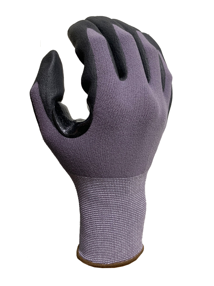 Gray nylon spandex liner with black nitrile foam(reinforcement patch) glove