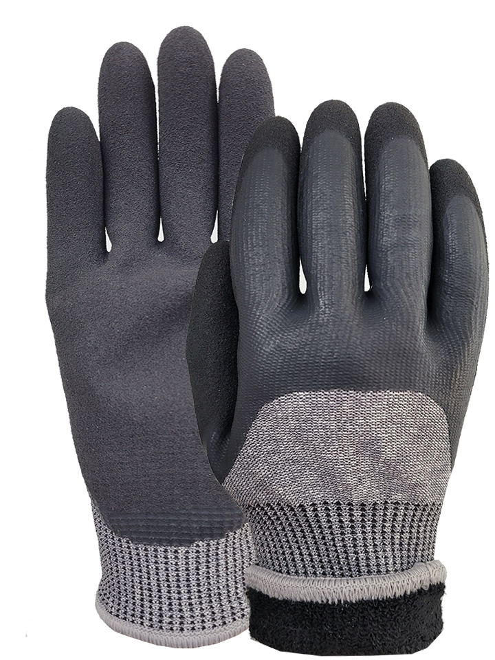 CUT E black speckled liner with latex foam 3/4 coated and latex sandy thumb coated glove