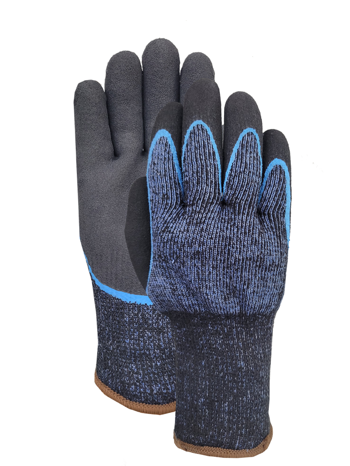 Cut D 10G acrylic/polyester liner with blue latex and black latex sandy finish thumb coating glove
