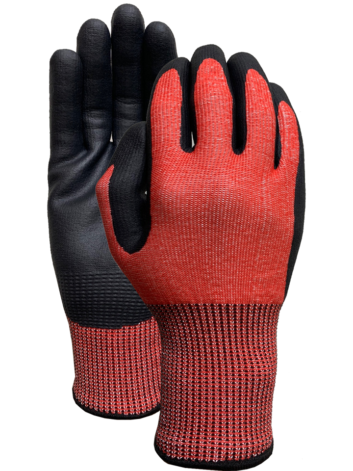 CUT3 Red liner with black nitrile foam palm coating glove