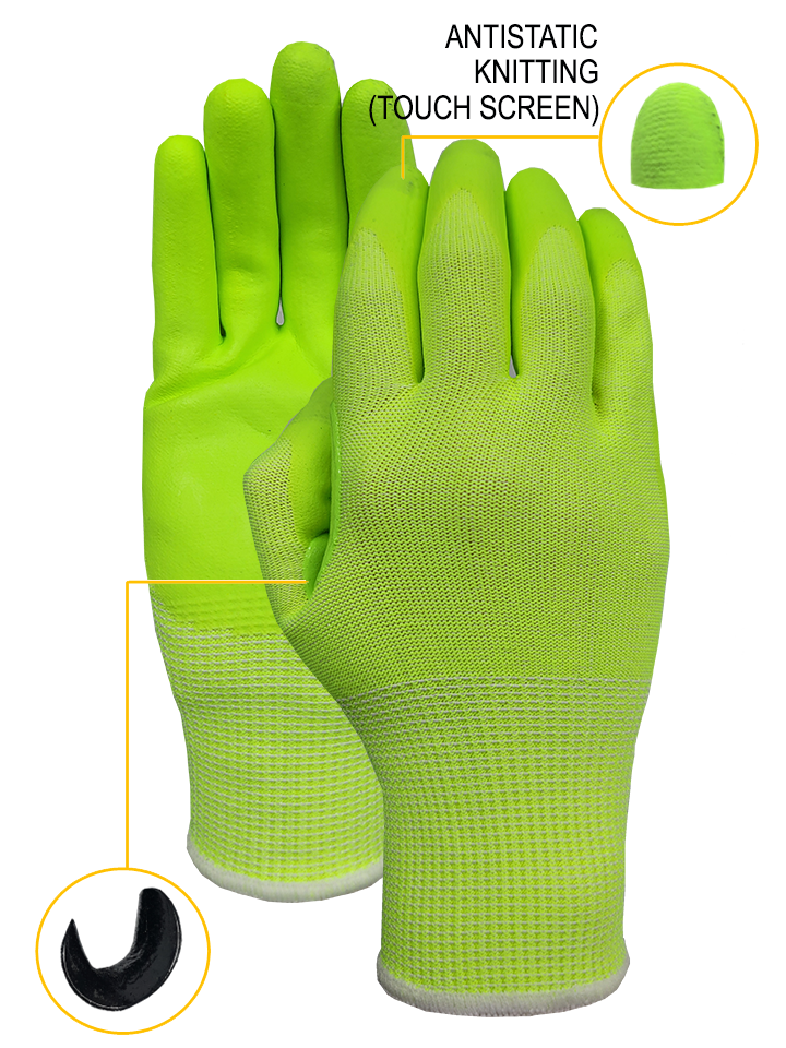 CUT5 hiviz-yellow liner with hiviz-yellow foam palm glove (Touch Screen Capable)