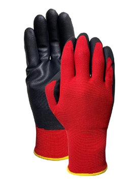 Red nylon liner with black nitrile foam palm coating