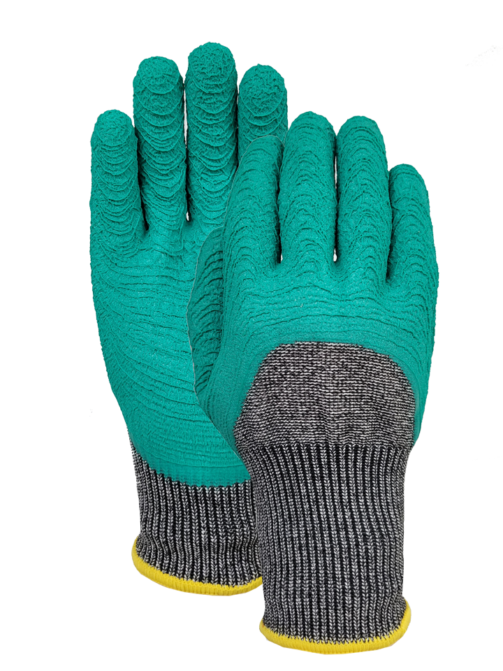 Cut D 13G HPPE/nylon/spandex liner+Latex crinkled haf dip coating glove