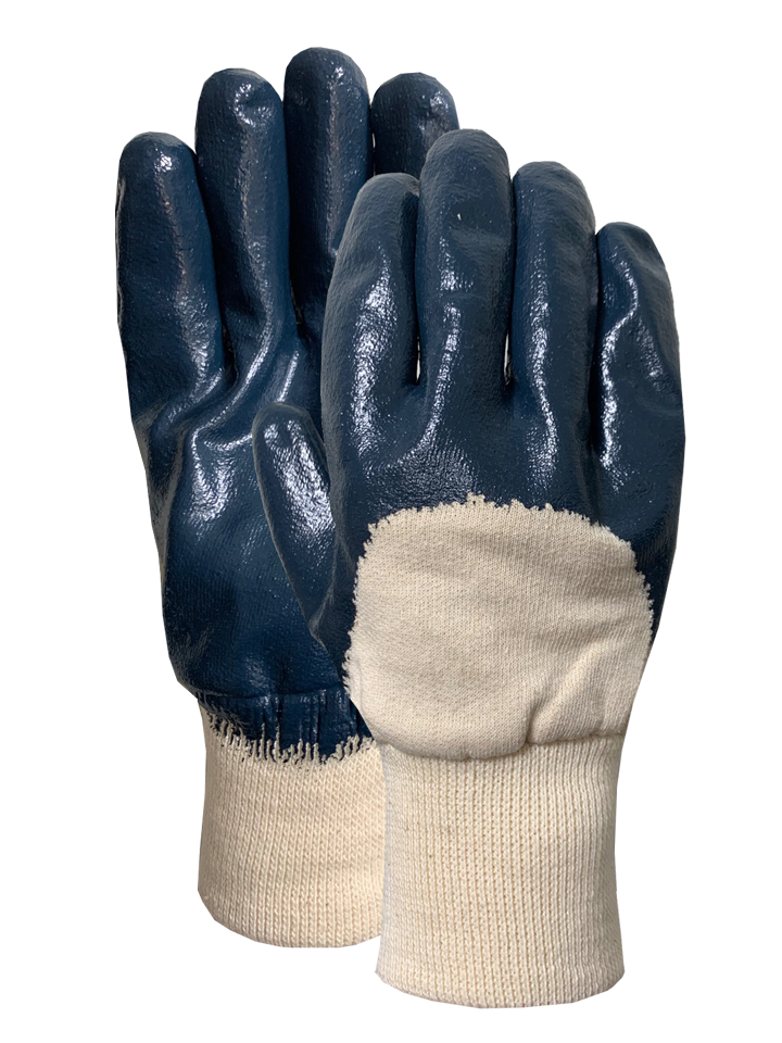Interlock knit wrist with blue nitrile half dip coating