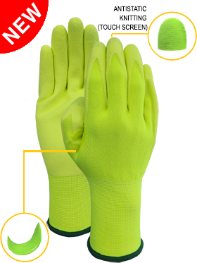 15G hiviz yellow  liner with NBR sandy finish palm coating glove(NBR patch, touch screen)