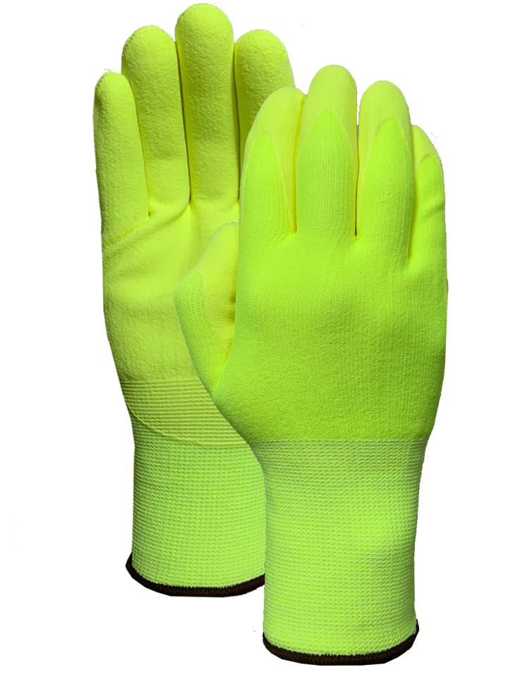 Hi-viz yellow nylon liner with Hi-viz yellow nitrile micro finish coating glove