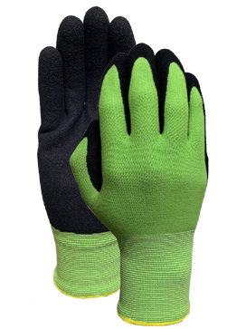 Green nylon spandex liner with black nitirle sandy finish glove